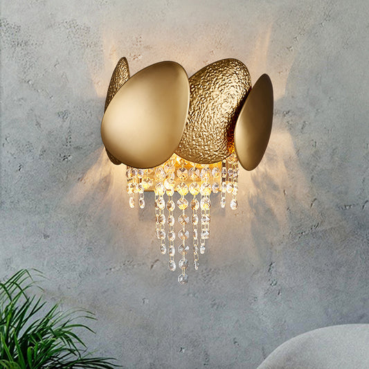 Egg Shaped Wall Mount Light Modern Style Metal 2 Lights Golden Sconce Lighting with Clear Crystal Draping Clearhalo 'Modern wall lights' 'Modern' 'Wall Lamps & Sconces' 'Wall Lights' Lighting' 255785