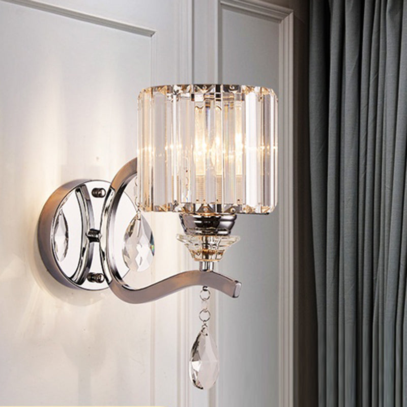 Cylinder Wall Light Sconce Modern Crystal Block 1 Light Bedroom Wall Mounted Light in Chrome Clearhalo 'Modern wall lights' 'Modern' 'Wall Lamps & Sconces' 'Wall Lights' Lighting' 255794