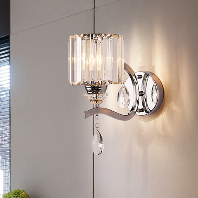 Cylinder Wall Light Sconce Modern Crystal Block 1 Light Bedroom Wall Mounted Light in Chrome Clearhalo 'Modern wall lights' 'Modern' 'Wall Lamps & Sconces' 'Wall Lights' Lighting' 255795