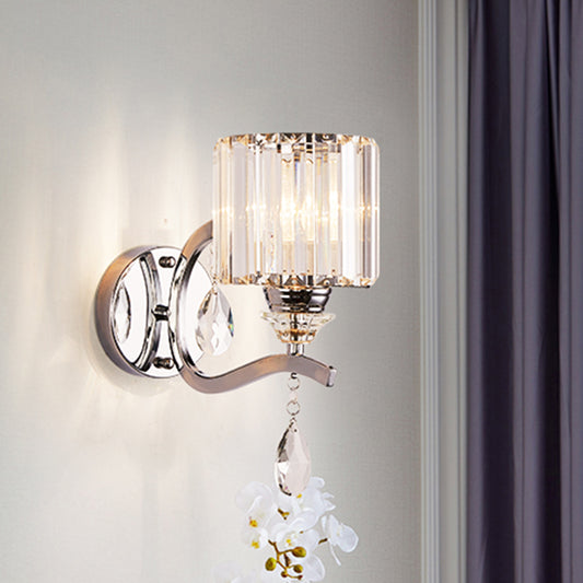 Cylinder Wall Light Sconce Modern Crystal Block 1 Light Bedroom Wall Mounted Light in Chrome Chrome Clearhalo 'Modern wall lights' 'Modern' 'Wall Lamps & Sconces' 'Wall Lights' Lighting' 255796