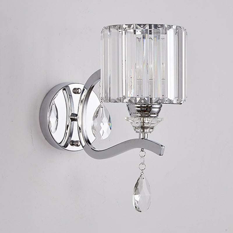 Cylinder Wall Light Sconce Modern Crystal Block 1 Light Bedroom Wall Mounted Light in Chrome Clearhalo 'Modern wall lights' 'Modern' 'Wall Lamps & Sconces' 'Wall Lights' Lighting' 255797