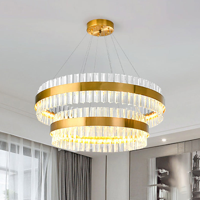 2 Tiers Living Room Hanging Lamp Three Side Crystal Rod Postmodern 23.5"/31.5" Wide LED Hanging Light in Gold Clearhalo 'Ceiling Lights' 'Chandeliers' 'Modern Chandeliers' 'Modern' Lighting' 255821