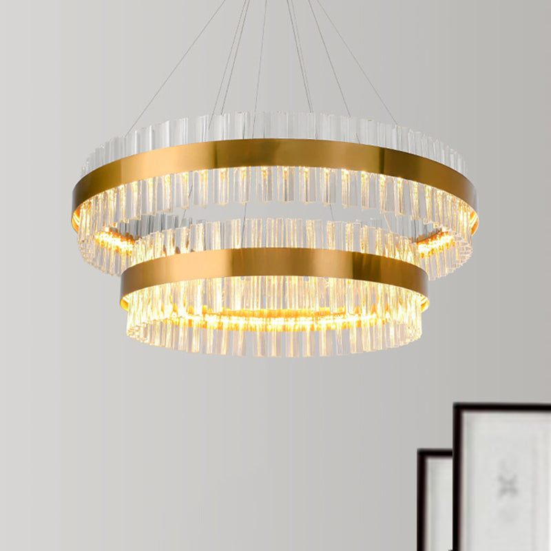 2 Tiers Living Room Hanging Lamp Three Side Crystal Rod Postmodern 23.5"/31.5" Wide LED Hanging Light in Gold Gold Clearhalo 'Ceiling Lights' 'Chandeliers' 'Modern Chandeliers' 'Modern' Lighting' 255822