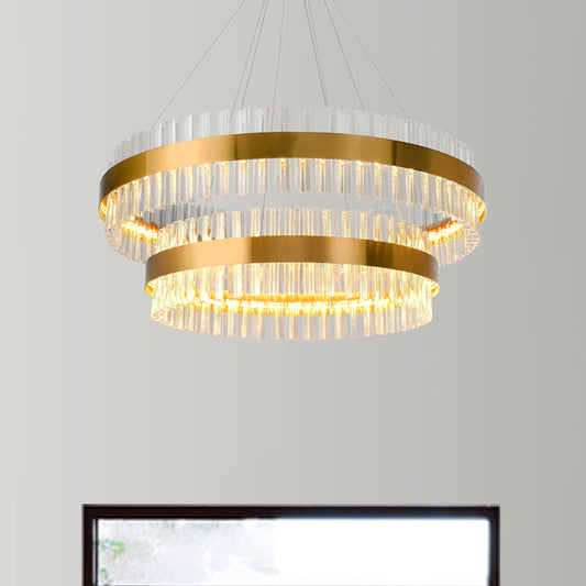 2 Tiers Living Room Hanging Lamp Three Side Crystal Rod Postmodern 23.5"/31.5" Wide LED Hanging Light in Gold Clearhalo 'Ceiling Lights' 'Chandeliers' 'Modern Chandeliers' 'Modern' Lighting' 255823