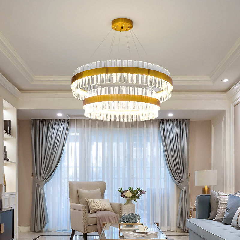 2 Tiers Living Room Hanging Lamp Three Side Crystal Rod Postmodern 23.5"/31.5" Wide LED Hanging Light in Gold Clearhalo 'Ceiling Lights' 'Chandeliers' 'Modern Chandeliers' 'Modern' Lighting' 255824