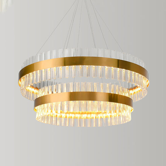 2 Tiers Living Room Hanging Lamp Three Side Crystal Rod Postmodern 23.5"/31.5" Wide LED Hanging Light in Gold Clearhalo 'Ceiling Lights' 'Chandeliers' 'Modern Chandeliers' 'Modern' Lighting' 255825