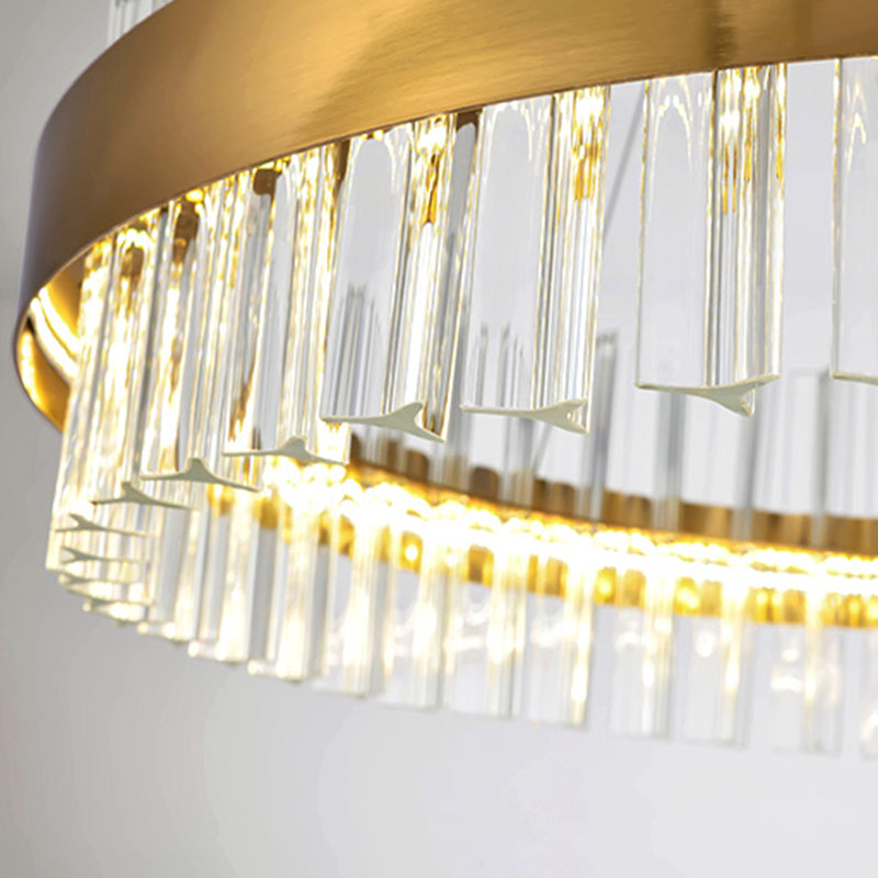 2 Tiers Living Room Hanging Lamp Three Side Crystal Rod Postmodern 23.5"/31.5" Wide LED Hanging Light in Gold Clearhalo 'Ceiling Lights' 'Chandeliers' 'Modern Chandeliers' 'Modern' Lighting' 255826