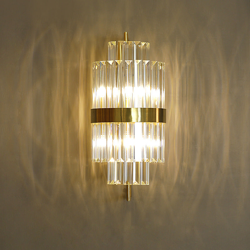 Cylinder Wall Light Sconce Postmodern Crystal Block 2 Lights Corridor Sconce Light in Gold Gold Clearhalo 'Modern wall lights' 'Modern' 'Wall Lamps & Sconces' 'Wall Lights' Lighting' 255828