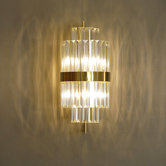 Cylinder Wall Light Sconce Postmodern Crystal Block 2 Lights Corridor Sconce Light in Gold Gold Clearhalo 'Modern wall lights' 'Modern' 'Wall Lamps & Sconces' 'Wall Lights' Lighting' 255828