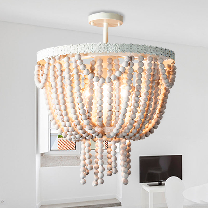 Beaded Bowl Shape Ceiling Pendant French Country 4 Lights Living Room White Wood Chandelier Lamp Clearhalo 'Ceiling Lights' 'Chandeliers' Lighting' options 255861