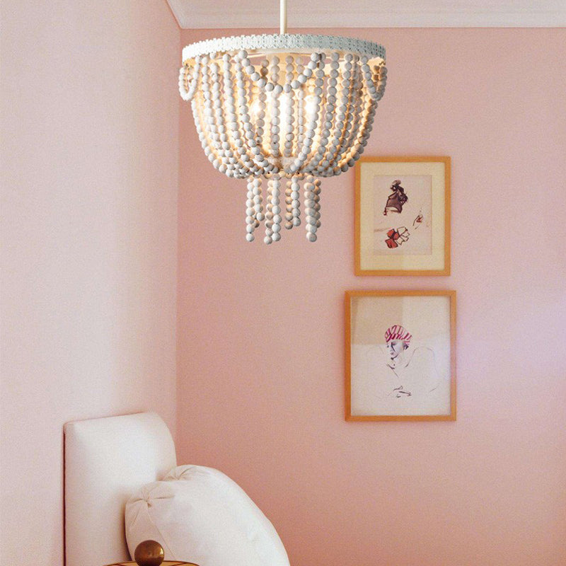 Beaded Bowl Shape Ceiling Pendant French Country 4 Lights Living Room White Wood Chandelier Lamp Clearhalo 'Ceiling Lights' 'Chandeliers' Lighting' options 255862