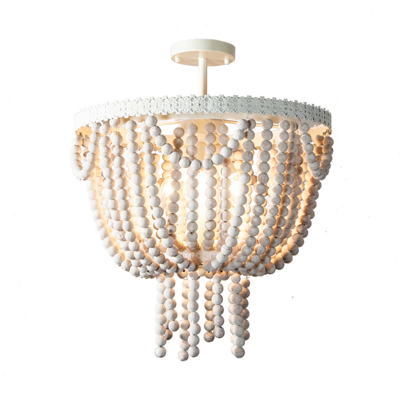 Beaded Bowl Shape Ceiling Pendant French Country 4 Lights Living Room White Wood Chandelier Lamp Clearhalo 'Ceiling Lights' 'Chandeliers' Lighting' options 255863