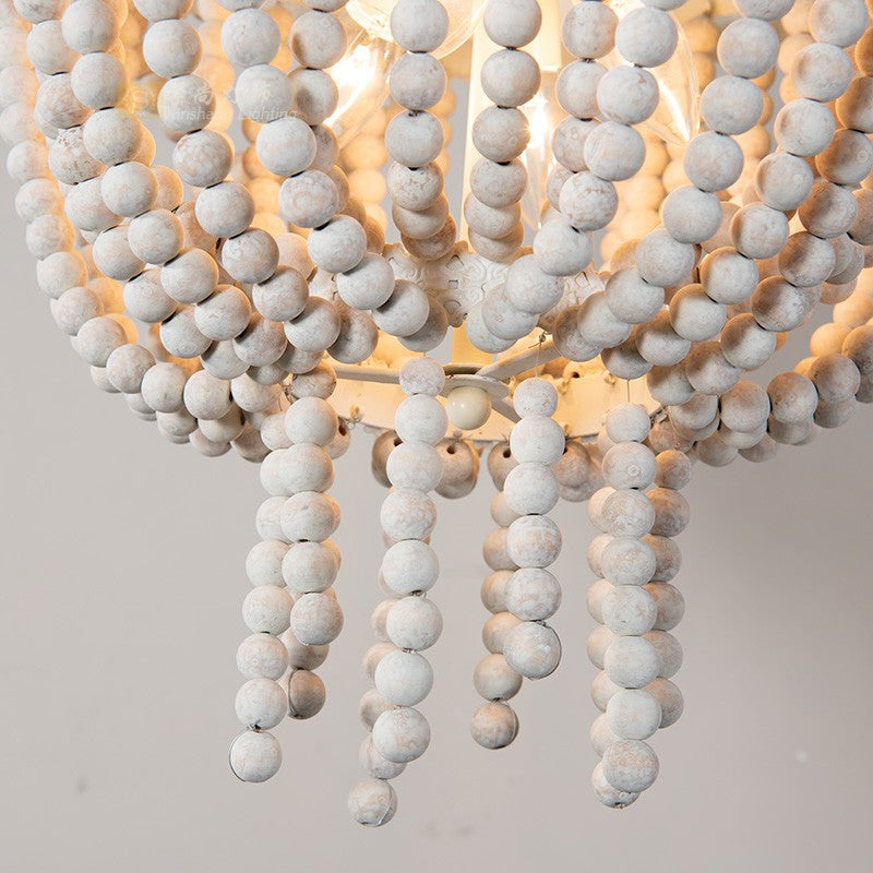 Beaded Bowl Shape Ceiling Pendant French Country 4 Lights Living Room White Wood Chandelier Lamp Clearhalo 'Ceiling Lights' 'Chandeliers' Lighting' options 255864