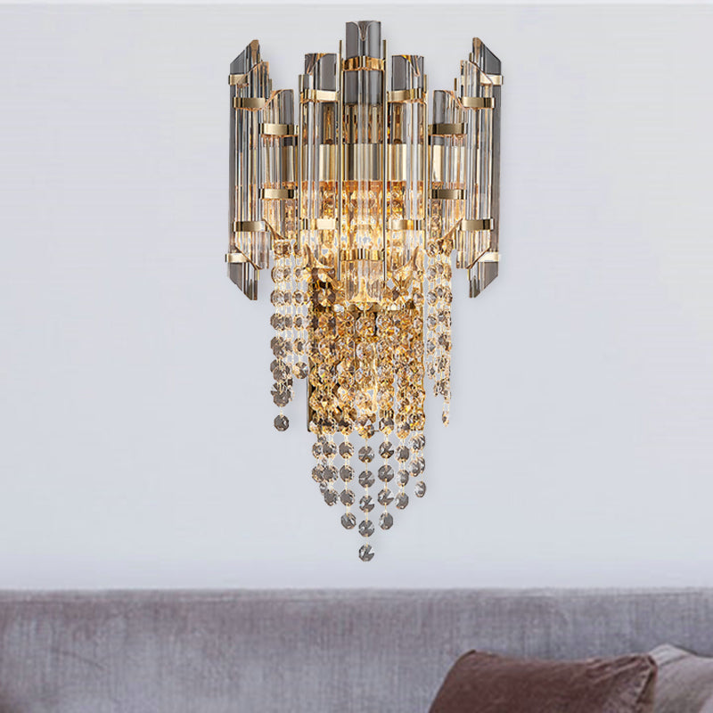 Beaded Wall Sconce Light Modern Crystal 2 Lights Smoke Grey Wall Mount Light for Living Room Clearhalo 'Modern wall lights' 'Modern' 'Wall Lamps & Sconces' 'Wall Lights' Lighting' 255872