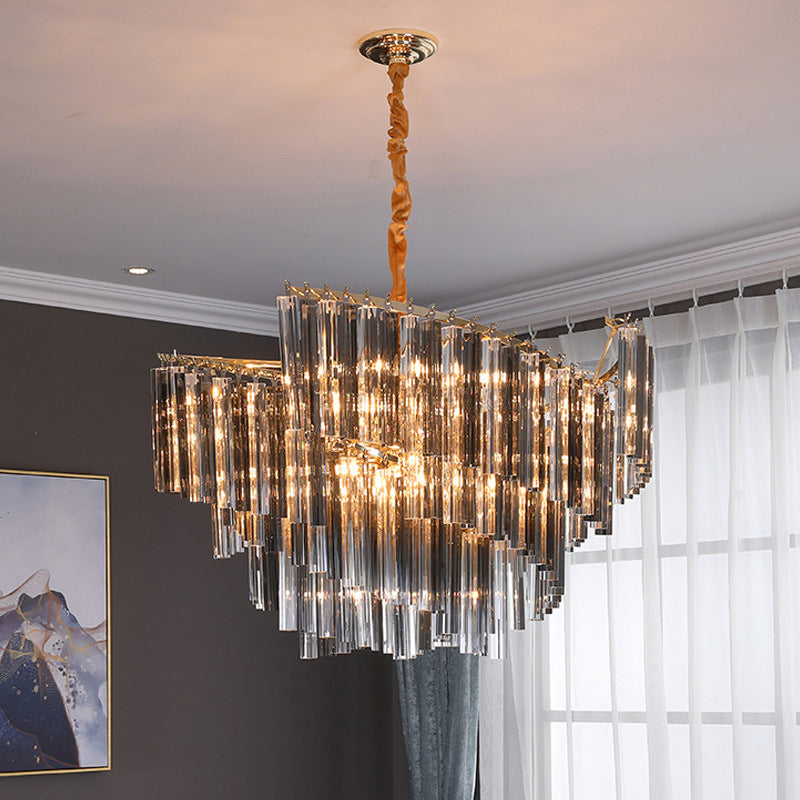 Postmodern Spiral Chandelier Lighting Smoke Gray Tri-Side Crystal Rod 5/10 Heads Living Room Hanging Lamp Clearhalo 'Ceiling Lights' 'Chandeliers' 'Modern Chandeliers' 'Modern' Lighting' 255883