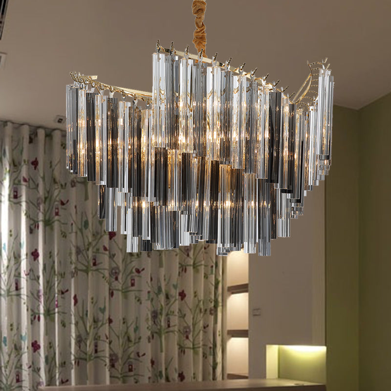 Postmodern Spiral Chandelier Lighting Smoke Gray Tri-Side Crystal Rod 5/10 Heads Living Room Hanging Lamp Clearhalo 'Ceiling Lights' 'Chandeliers' 'Modern Chandeliers' 'Modern' Lighting' 255885