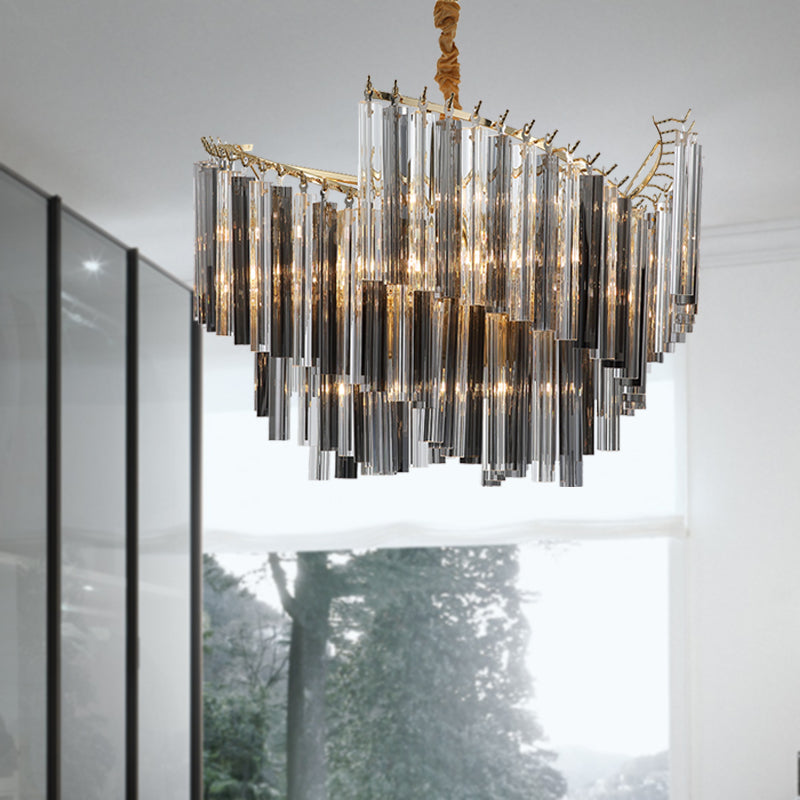 Postmodern Spiral Chandelier Lighting Smoke Gray Tri-Side Crystal Rod 5/10 Heads Living Room Hanging Lamp Clearhalo 'Ceiling Lights' 'Chandeliers' 'Modern Chandeliers' 'Modern' Lighting' 255886