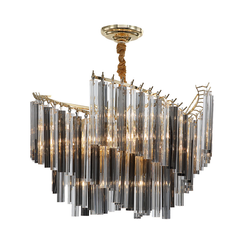 Postmodern Spiral Chandelier Lighting Smoke Gray Tri-Side Crystal Rod 5/10 Heads Living Room Hanging Lamp Clearhalo 'Ceiling Lights' 'Chandeliers' 'Modern Chandeliers' 'Modern' Lighting' 255887