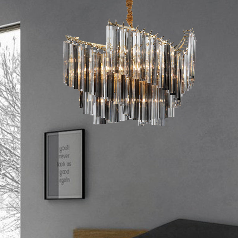 Postmodern Spiral Chandelier Lighting Smoke Gray Tri-Side Crystal Rod 5/10 Heads Living Room Hanging Lamp 5 Smoke Gray Clearhalo 'Ceiling Lights' 'Chandeliers' 'Modern Chandeliers' 'Modern' Lighting' 255888