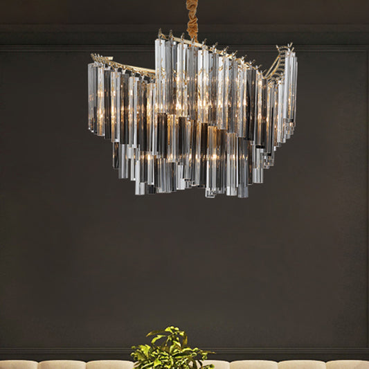 Postmodern Spiral Chandelier Lighting Smoke Gray Tri-Side Crystal Rod 5/10 Heads Living Room Hanging Lamp Clearhalo 'Ceiling Lights' 'Chandeliers' 'Modern Chandeliers' 'Modern' Lighting' 255889