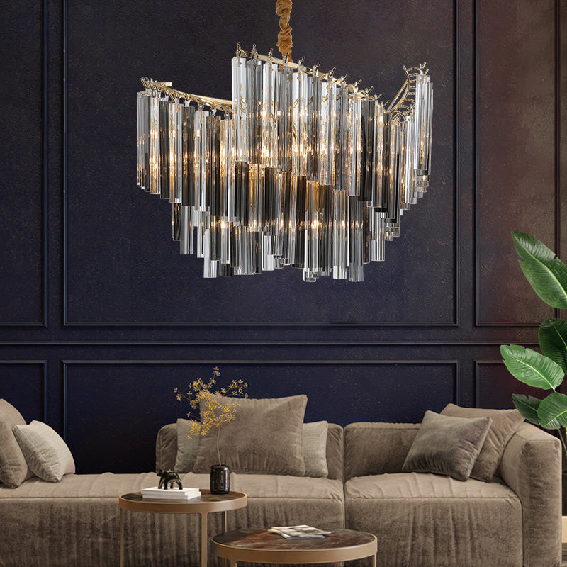 Postmodern Spiral Chandelier Lighting Smoke Gray Tri-Side Crystal Rod 5/10 Heads Living Room Hanging Lamp Clearhalo 'Ceiling Lights' 'Chandeliers' 'Modern Chandeliers' 'Modern' Lighting' 255890