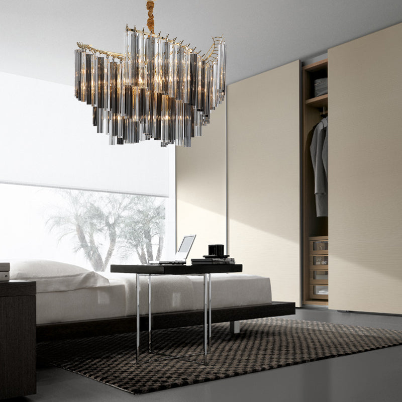 Postmodern Spiral Chandelier Lighting Smoke Gray Tri-Side Crystal Rod 5/10 Heads Living Room Hanging Lamp Clearhalo 'Ceiling Lights' 'Chandeliers' 'Modern Chandeliers' 'Modern' Lighting' 255891