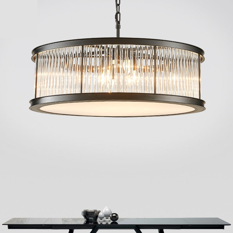 Drum Hanging Light Modern Crystal Rod 6 Lights Black/Brass Chandelier Light Fixture for Living Room Clearhalo 'Ceiling Lights' 'Chandeliers' 'Modern Chandeliers' 'Modern' Lighting' 255899