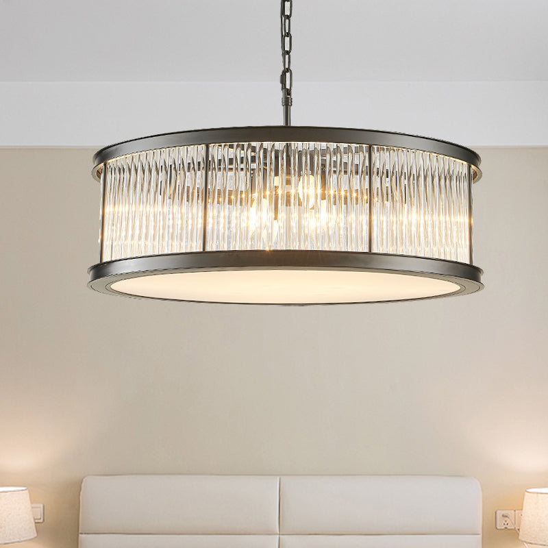 Drum Hanging Light Modern Crystal Rod 6 Lights Black/Brass Chandelier Light Fixture for Living Room Black Clearhalo 'Ceiling Lights' 'Chandeliers' 'Modern Chandeliers' 'Modern' Lighting' 255900