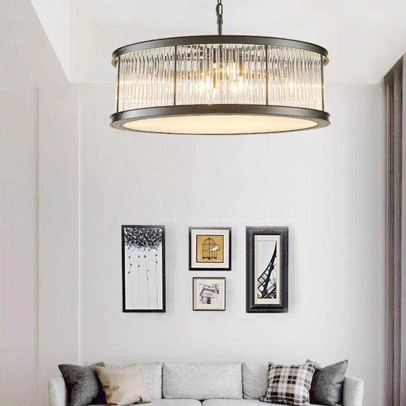 Drum Hanging Light Modern Crystal Rod 6 Lights Black/Brass Chandelier Light Fixture for Living Room Clearhalo 'Ceiling Lights' 'Chandeliers' 'Modern Chandeliers' 'Modern' Lighting' 255901