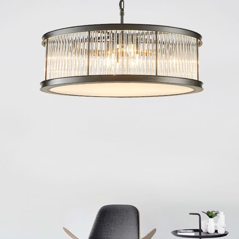 Drum Hanging Light Modern Crystal Rod 6 Lights Black/Brass Chandelier Light Fixture for Living Room Clearhalo 'Ceiling Lights' 'Chandeliers' 'Modern Chandeliers' 'Modern' Lighting' 255902