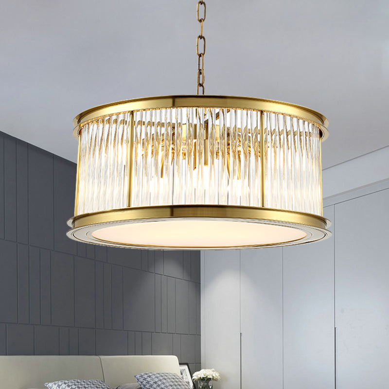 Drum Hanging Light Modern Crystal Rod 6 Lights Black/Brass Chandelier Light Fixture for Living Room Brass Clearhalo 'Ceiling Lights' 'Chandeliers' 'Modern Chandeliers' 'Modern' Lighting' 255905