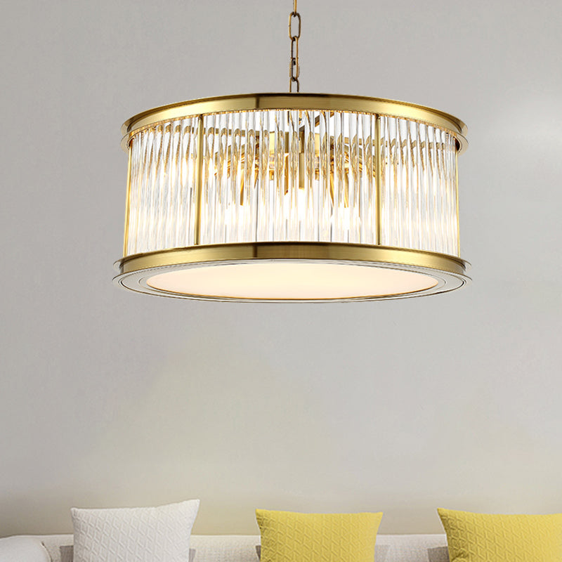 Drum Hanging Light Modern Crystal Rod 6 Lights Black/Brass Chandelier Light Fixture for Living Room Clearhalo 'Ceiling Lights' 'Chandeliers' 'Modern Chandeliers' 'Modern' Lighting' 255906