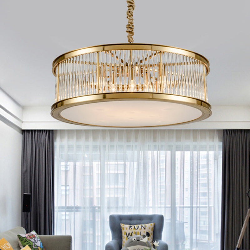 Drum Hanging Light Modern Crystal Rod 6 Lights Black/Brass Chandelier Light Fixture for Living Room Clearhalo 'Ceiling Lights' 'Chandeliers' 'Modern Chandeliers' 'Modern' Lighting' 255908