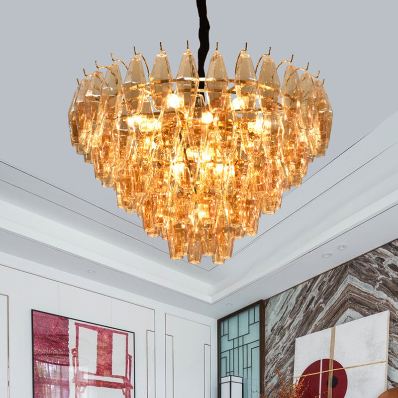 Cone Hanging Ceiling Light Modern Amber Glass 7/9 Heads Living Room Chandelier Lighting Fixture Clearhalo 'Ceiling Lights' 'Chandeliers' 'Modern Chandeliers' 'Modern' Lighting' 255921