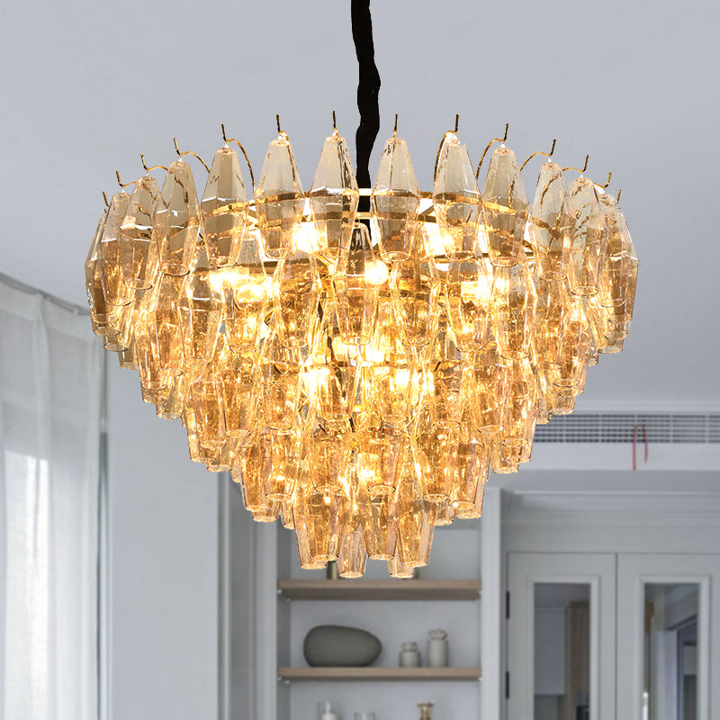 Cone Hanging Ceiling Light Modern Amber Glass 7/9 Heads Living Room Chandelier Lighting Fixture 9 Amber Clearhalo 'Ceiling Lights' 'Chandeliers' 'Modern Chandeliers' 'Modern' Lighting' 255922