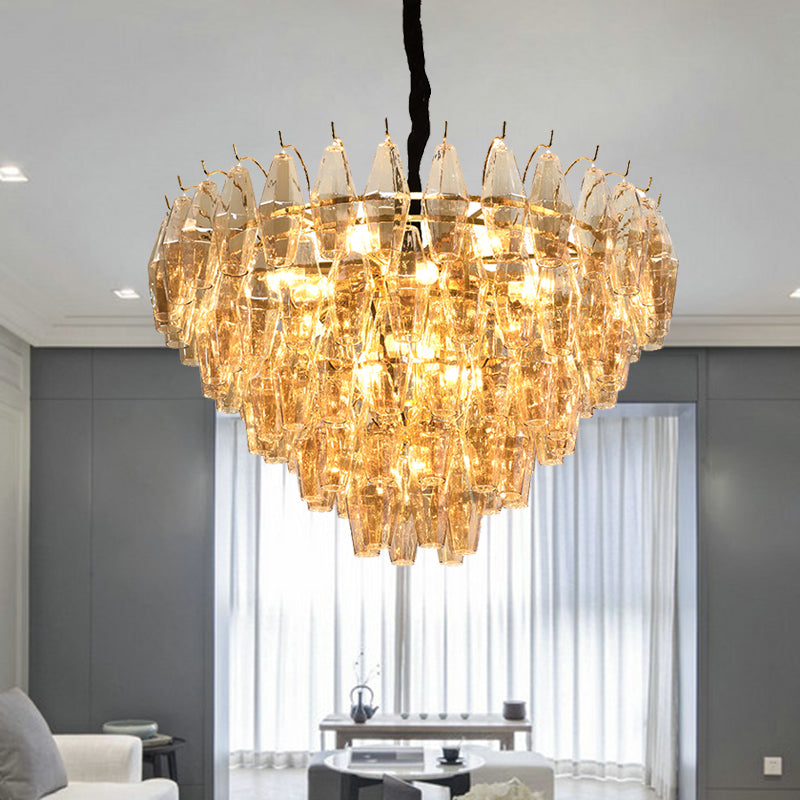 Cone Hanging Ceiling Light Modern Amber Glass 7/9 Heads Living Room Chandelier Lighting Fixture Clearhalo 'Ceiling Lights' 'Chandeliers' 'Modern Chandeliers' 'Modern' Lighting' 255923