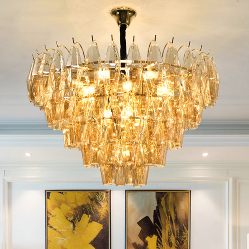 Cone Hanging Ceiling Light Modern Amber Glass 7/9 Heads Living Room Chandelier Lighting Fixture Clearhalo 'Ceiling Lights' 'Chandeliers' 'Modern Chandeliers' 'Modern' Lighting' 255928