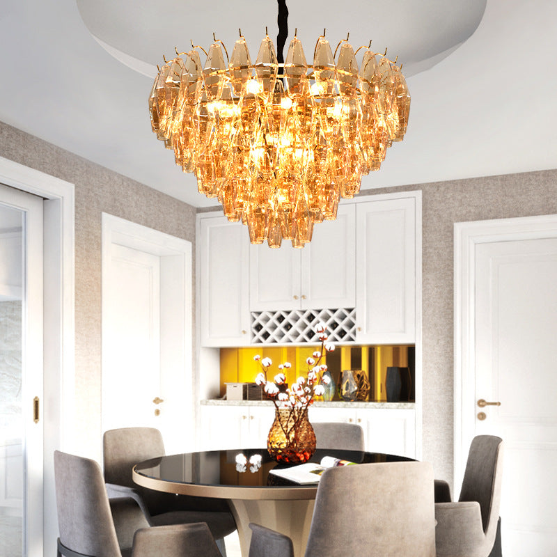 Cone Hanging Ceiling Light Modern Amber Glass 7/9 Heads Living Room Chandelier Lighting Fixture Clearhalo 'Ceiling Lights' 'Chandeliers' 'Modern Chandeliers' 'Modern' Lighting' 255929