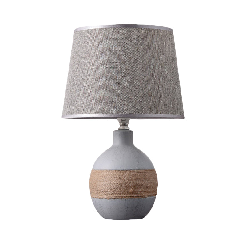 Flaxen/Grey 1-Light Nightstand Lamp Traditional Fabric Drum Desk Light with Trapezoid/Oval/Globe Ceramic Base Clearhalo 'Lamps' 'Table Lamps' Lighting' 255947