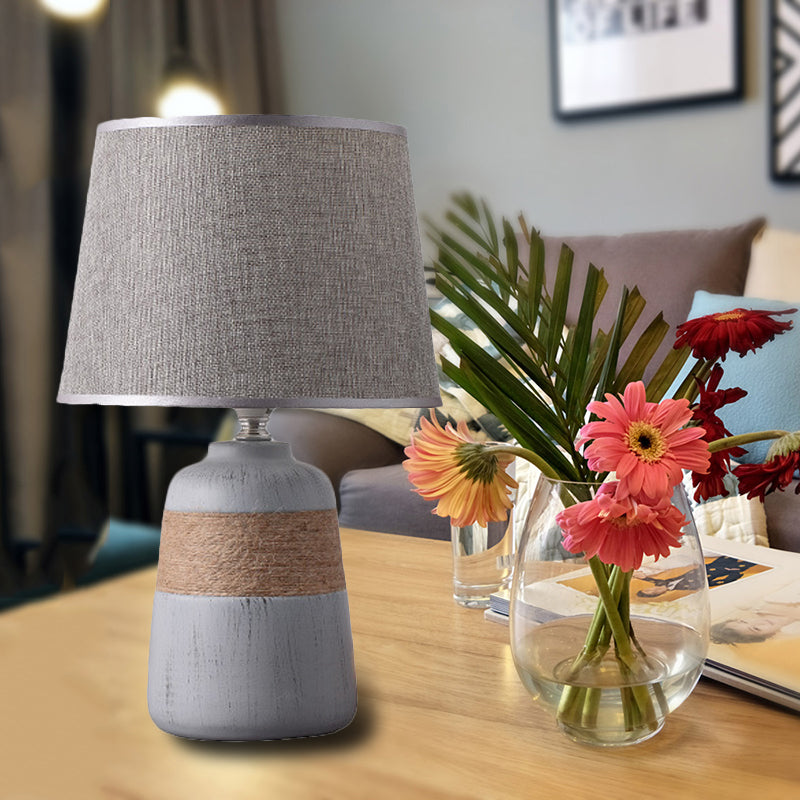 Flaxen/Grey 1-Light Nightstand Lamp Traditional Fabric Drum Desk Light with Trapezoid/Oval/Globe Ceramic Base Clearhalo 'Lamps' 'Table Lamps' Lighting' 255952