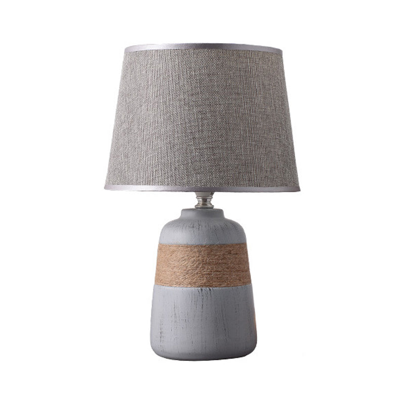 Flaxen/Grey 1-Light Nightstand Lamp Traditional Fabric Drum Desk Light with Trapezoid/Oval/Globe Ceramic Base Clearhalo 'Lamps' 'Table Lamps' Lighting' 255953