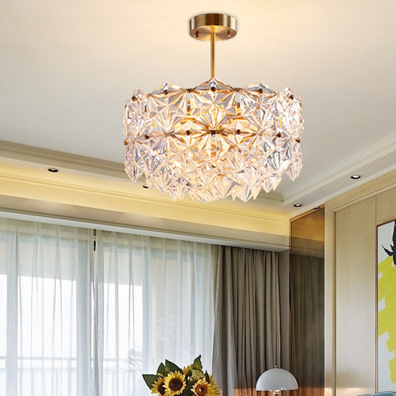 Gold Circular Hanging Lamp Kit Postmodern 8/9 Heads Hexagon Crystal Hanging Ceiling Light 9 Gold Clearhalo 'Ceiling Lights' 'Chandeliers' 'Modern Chandeliers' 'Modern' Lighting' 255955