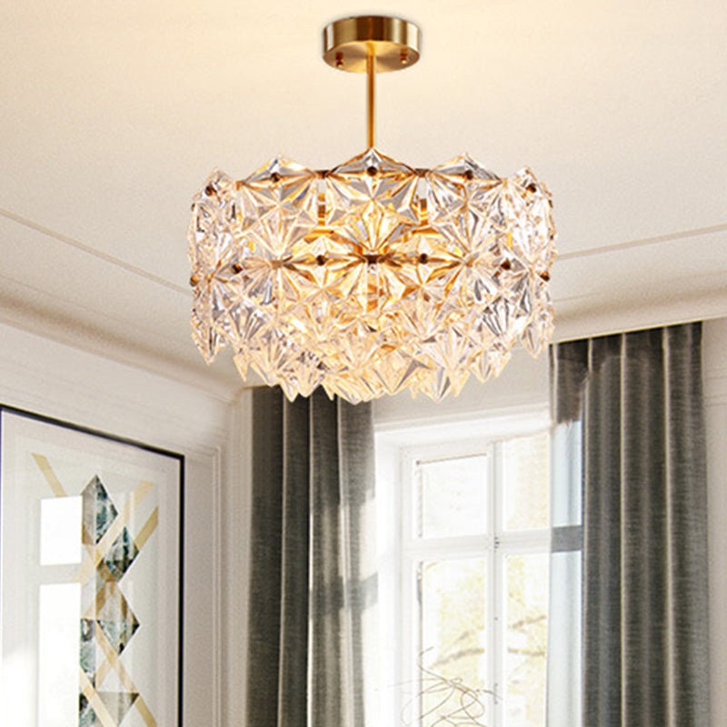 Gold Circular Hanging Lamp Kit Postmodern 8/9 Heads Hexagon Crystal Hanging Ceiling Light Clearhalo 'Ceiling Lights' 'Chandeliers' 'Modern Chandeliers' 'Modern' Lighting' 255956