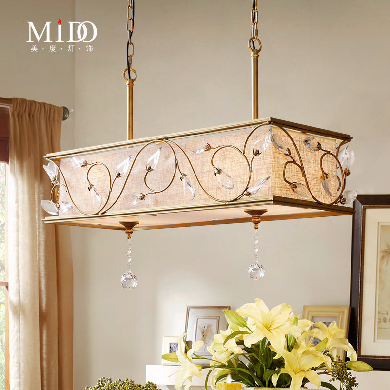 8-Light Cuboid Island Pendant Vintage Golden Flax Ceiling Lamp with Crystal Accent Gold Clearhalo 'Ceiling Lights' 'Island Lights' Lighting' 255968