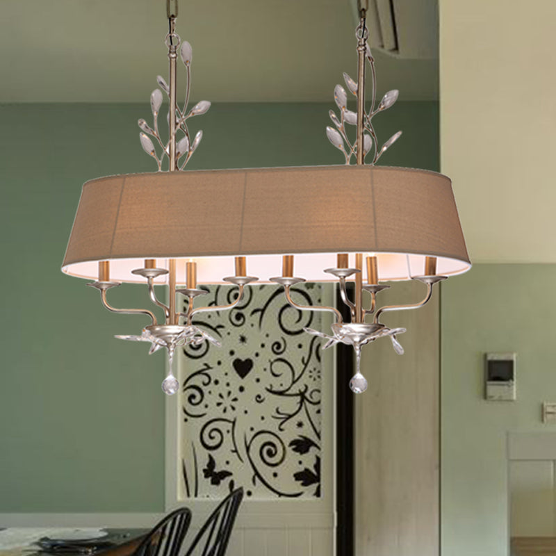 Flaxen Oblong Ceiling Pendant Traditional Fabric 8-Light Hanging Lamp over Island with Crystal Element Clearhalo 'Ceiling Lights' 'Island Lights' Lighting' 255970