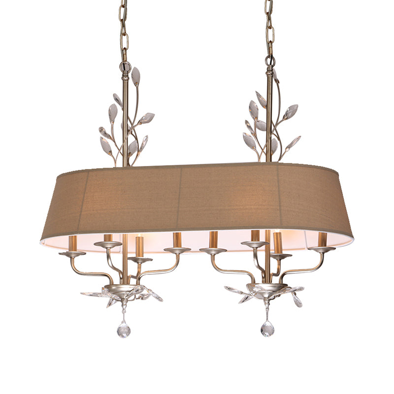 Flaxen Oblong Ceiling Pendant Traditional Fabric 8-Light Hanging Lamp over Island with Crystal Element Clearhalo 'Ceiling Lights' 'Island Lights' Lighting' 255971