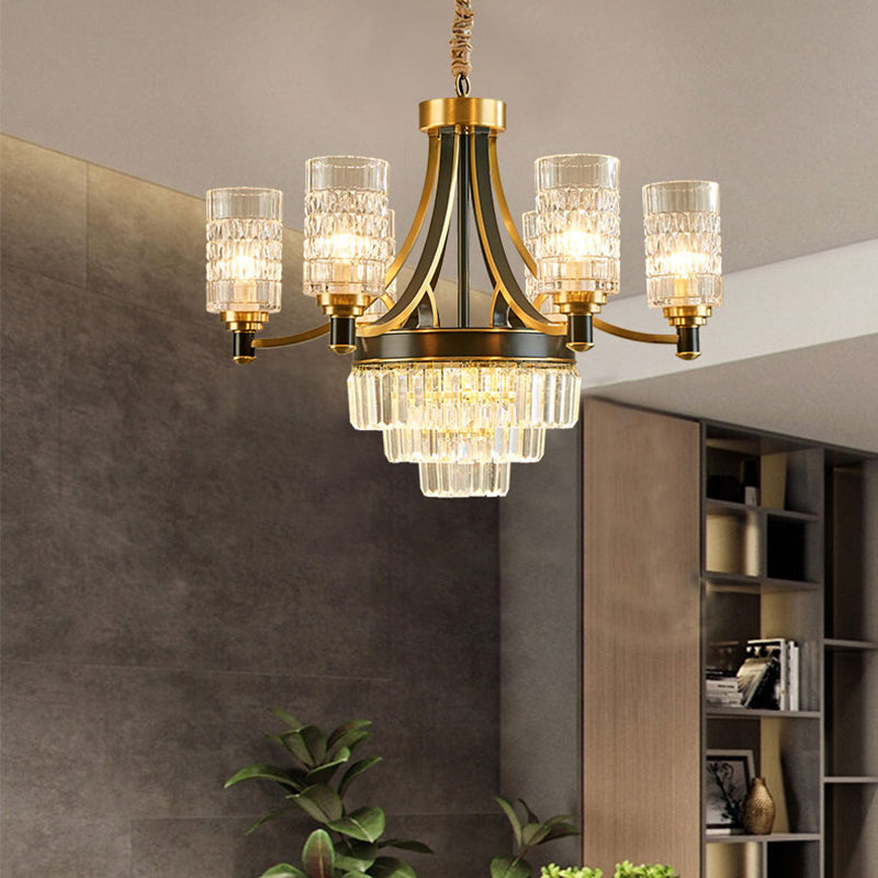 Cylinder Dining Room Hanging Light Textured Crystal 6/8 Heads Postmodern Chandelier Lighting in Gold Clearhalo 'Ceiling Lights' 'Chandeliers' 'Modern Chandeliers' 'Modern' Lighting' 255985