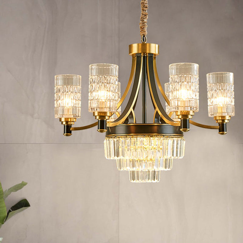 Cylinder Dining Room Hanging Light Textured Crystal 6/8 Heads Postmodern Chandelier Lighting in Gold Clearhalo 'Ceiling Lights' 'Chandeliers' 'Modern Chandeliers' 'Modern' Lighting' 255986