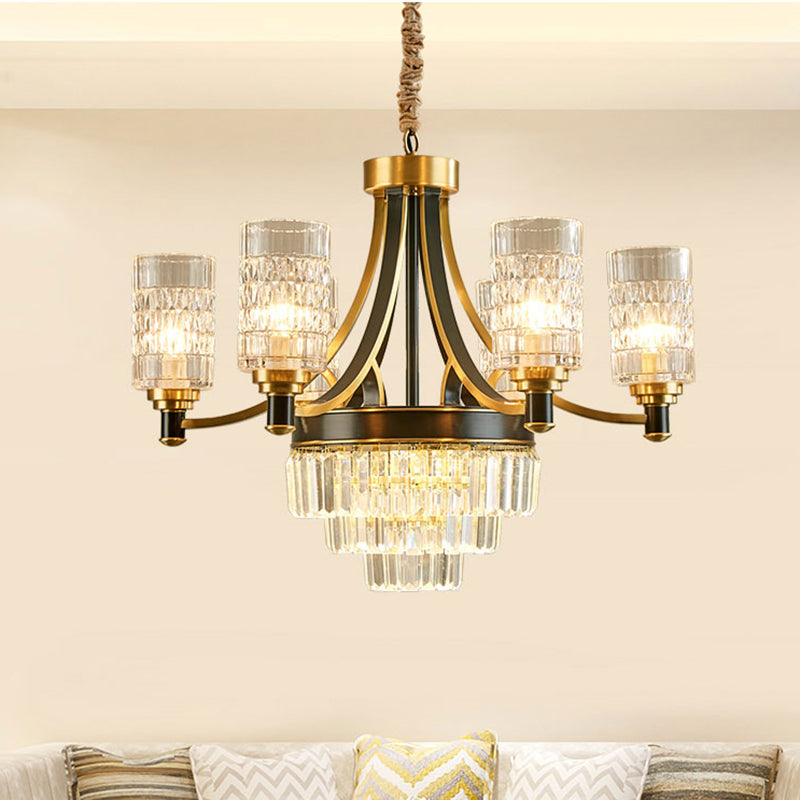 Cylinder Dining Room Hanging Light Textured Crystal 6/8 Heads Postmodern Chandelier Lighting in Gold 6 Gold Clearhalo 'Ceiling Lights' 'Chandeliers' 'Modern Chandeliers' 'Modern' Lighting' 255987