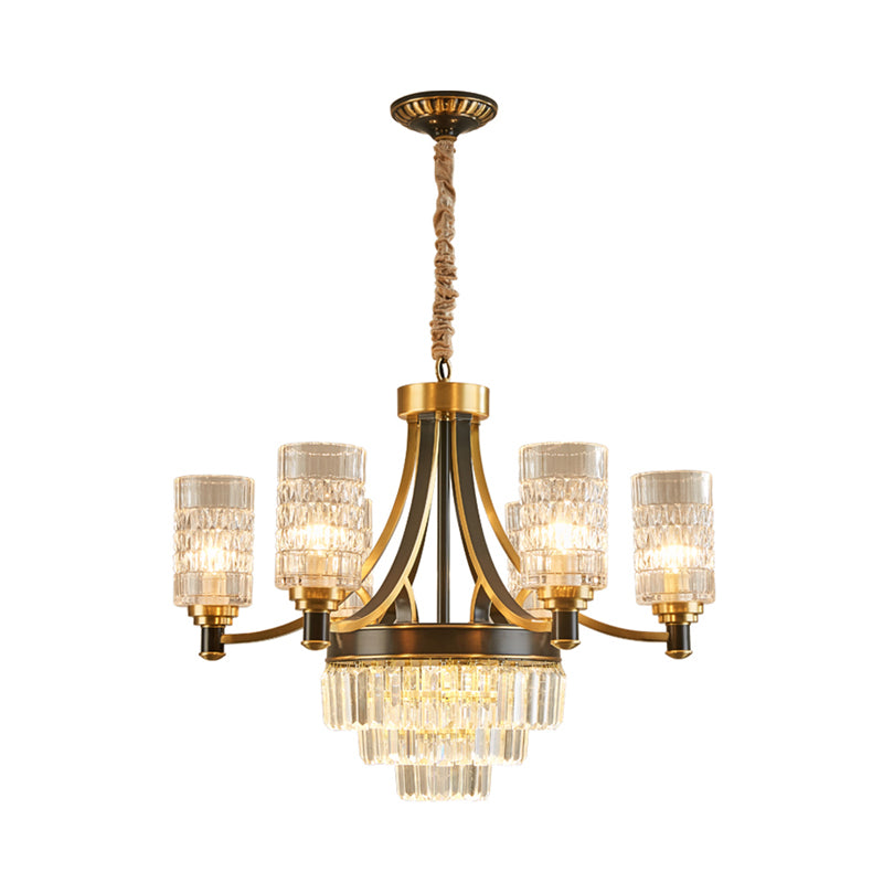 Cylinder Dining Room Hanging Light Textured Crystal 6/8 Heads Postmodern Chandelier Lighting in Gold Clearhalo 'Ceiling Lights' 'Chandeliers' 'Modern Chandeliers' 'Modern' Lighting' 255989